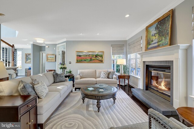 living area featuring stairs, ornamental molding, dark wood-type flooring, and a fireplace