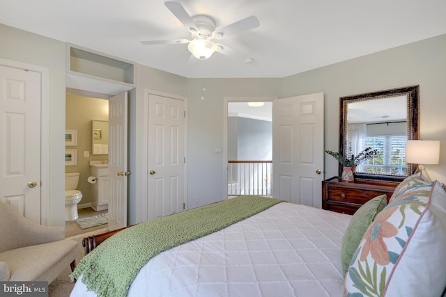 bedroom with ceiling fan and connected bathroom