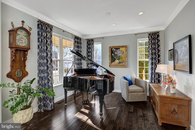 living area with baseboards, recessed lighting, dark wood finished floors, and crown molding