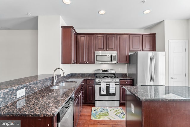 kitchen featuring dark stone counters, wood finished floors, stainless steel appliances, a sink, and recessed lighting