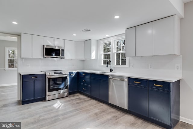 kitchen featuring light wood finished floors, tasteful backsplash, appliances with stainless steel finishes, a sink, and blue cabinets