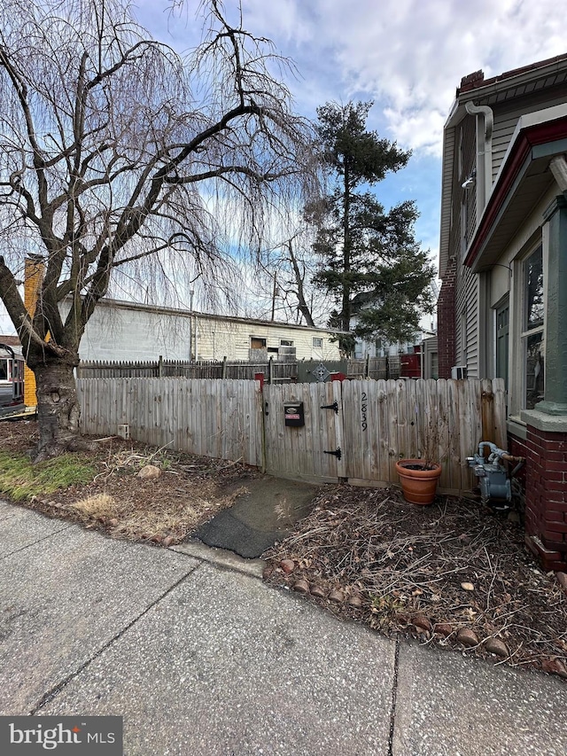 view of yard with a fenced front yard and a gate