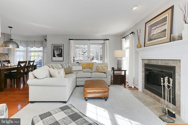 living room featuring a fireplace and wood finished floors