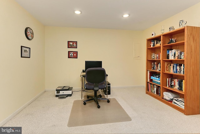 carpeted home office featuring baseboards and recessed lighting