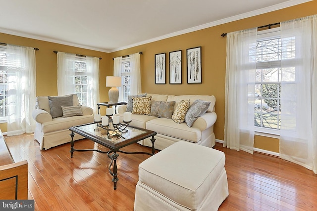 living room with ornamental molding, baseboards, and light wood finished floors