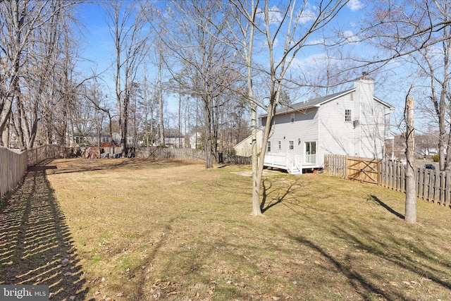 view of yard with a deck and a fenced backyard