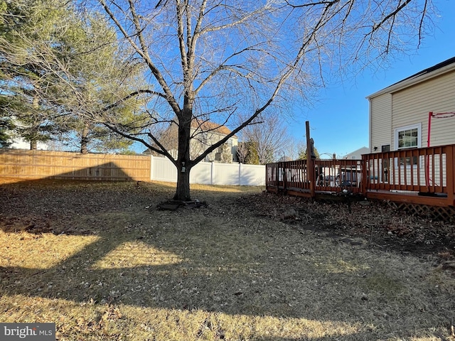 view of yard featuring a fenced backyard and a wooden deck