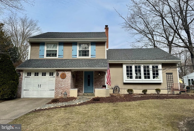 view of front of home featuring driveway, an attached garage, a shingled roof, a chimney, and a front lawn