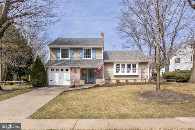 traditional home featuring fence, roof with shingles, driveway, a chimney, and a front lawn