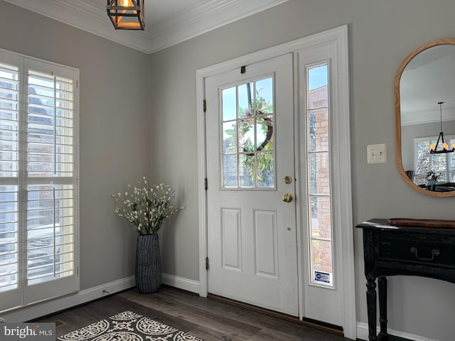 entrance foyer with a wealth of natural light, crown molding, baseboards, and wood finished floors