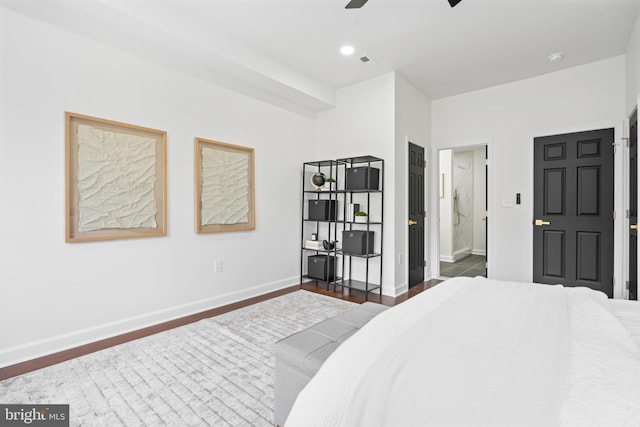 bedroom featuring visible vents, baseboards, a ceiling fan, dark wood-type flooring, and recessed lighting