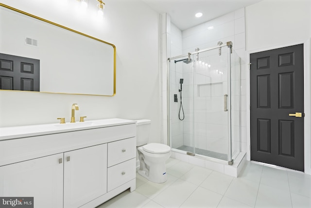 full bathroom featuring toilet, a stall shower, tile patterned flooring, and visible vents