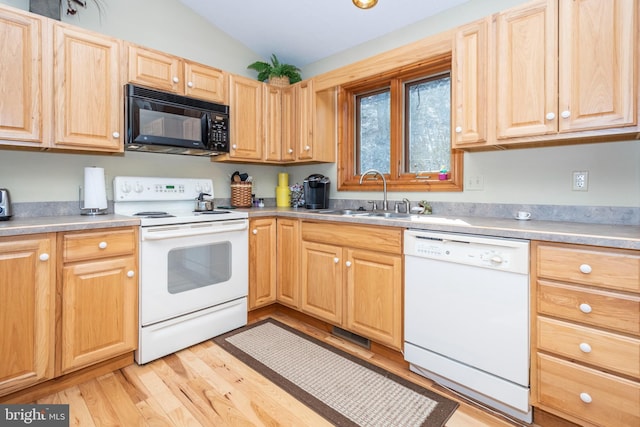 kitchen with light countertops, light brown cabinets, a sink, light wood-type flooring, and white appliances