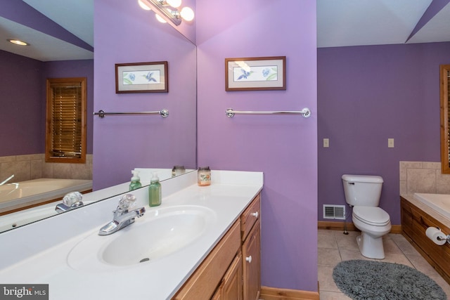 full bath with a garden tub, toilet, tile patterned flooring, vanity, and visible vents