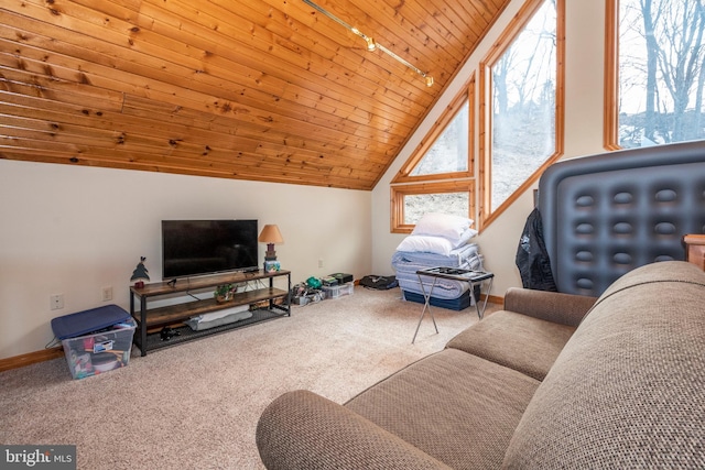 living room featuring carpet floors, wooden ceiling, baseboards, and vaulted ceiling