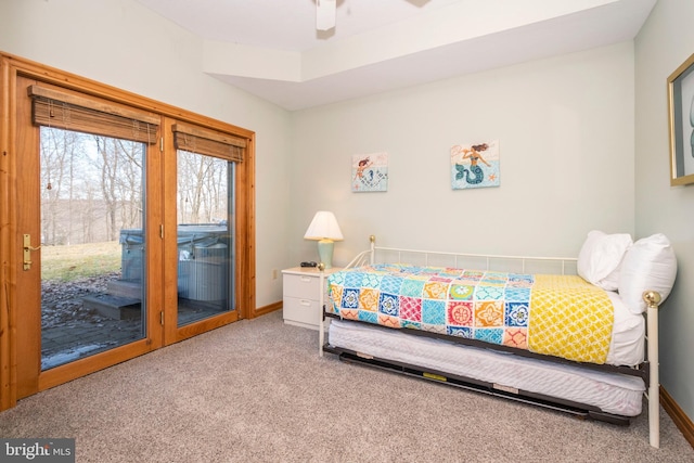 bedroom with access to exterior, carpet, baseboards, and a ceiling fan