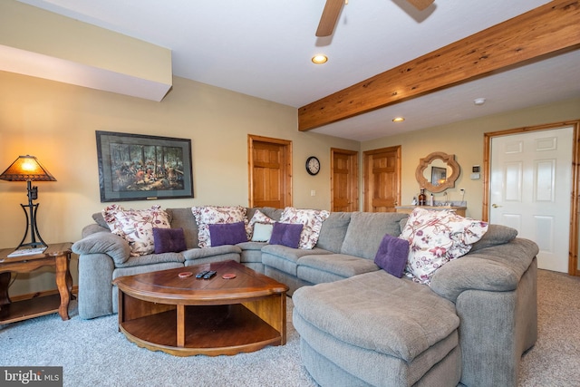 living room with carpet floors, a ceiling fan, beam ceiling, and recessed lighting