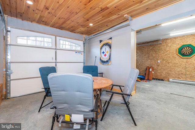 dining area featuring a baseboard heating unit, recessed lighting, wooden ceiling, and concrete floors