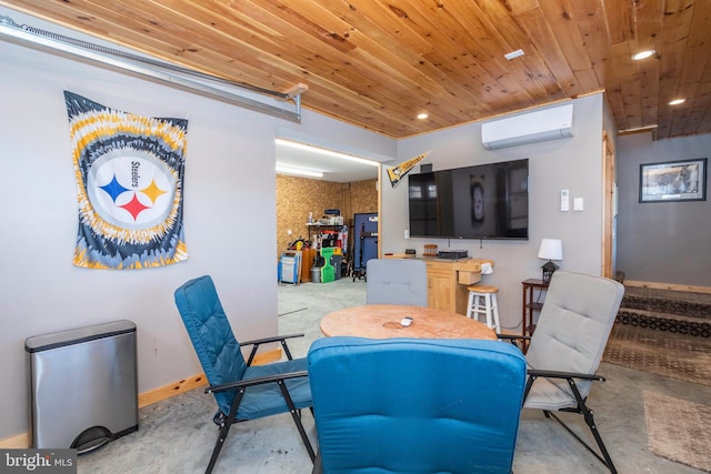 dining area with recessed lighting, a wall mounted AC, wooden ceiling, concrete floors, and baseboards