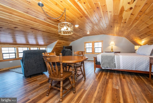 dining space with lofted ceiling, wood finished floors, wood ceiling, and baseboards