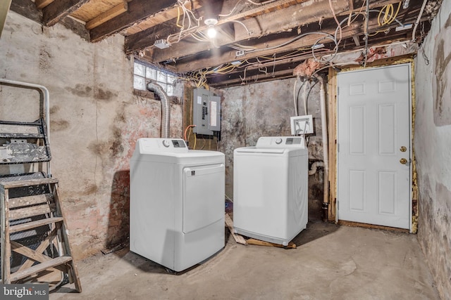 laundry room with laundry area, electric panel, and washer and clothes dryer