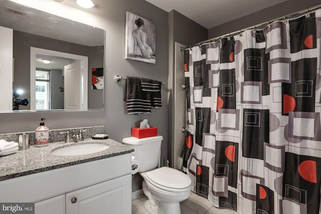 full bath with tile patterned flooring, toilet, a shower with shower curtain, visible vents, and vanity