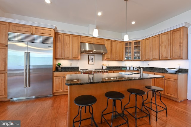 kitchen featuring appliances with stainless steel finishes, wood finished floors, a center island, under cabinet range hood, and recessed lighting