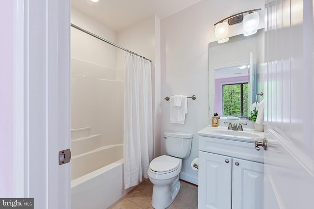 full bath featuring toilet, shower / bath combination with curtain, tile patterned flooring, and vanity