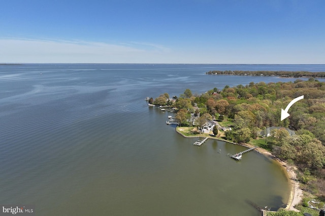 aerial view featuring a water view