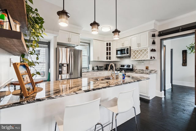 kitchen with white cabinetry, stainless steel appliances, dark wood-type flooring, and a sink