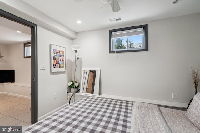 bedroom with multiple windows, recessed lighting, visible vents, and baseboards