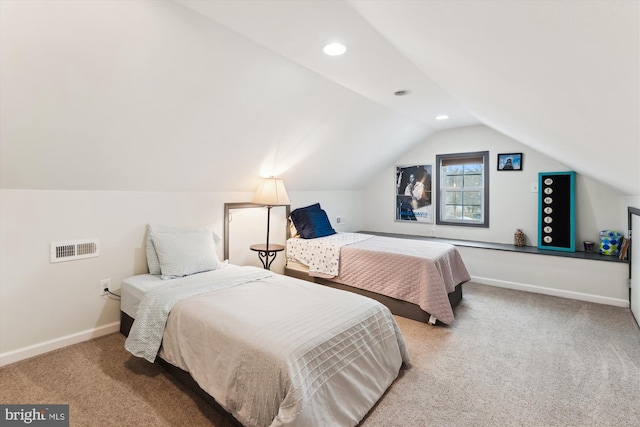 bedroom featuring baseboards, visible vents, lofted ceiling, recessed lighting, and carpet flooring