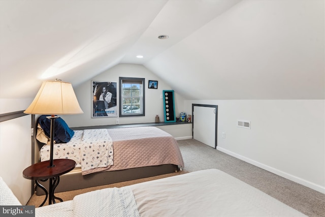 carpeted bedroom featuring recessed lighting, visible vents, baseboards, and vaulted ceiling