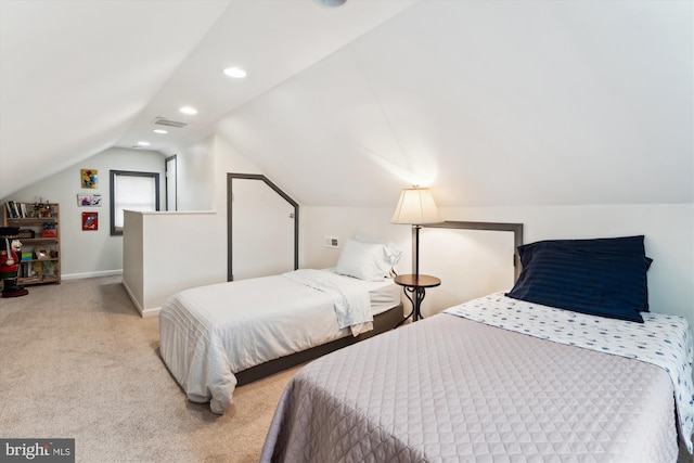 carpeted bedroom featuring recessed lighting, visible vents, baseboards, and vaulted ceiling