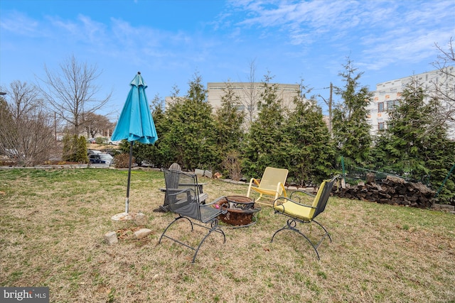 view of yard with a fire pit