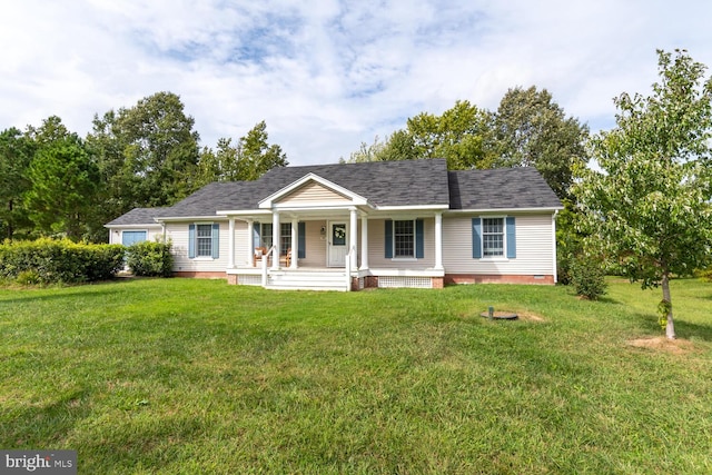 ranch-style home featuring covered porch, roof with shingles, crawl space, and a front yard