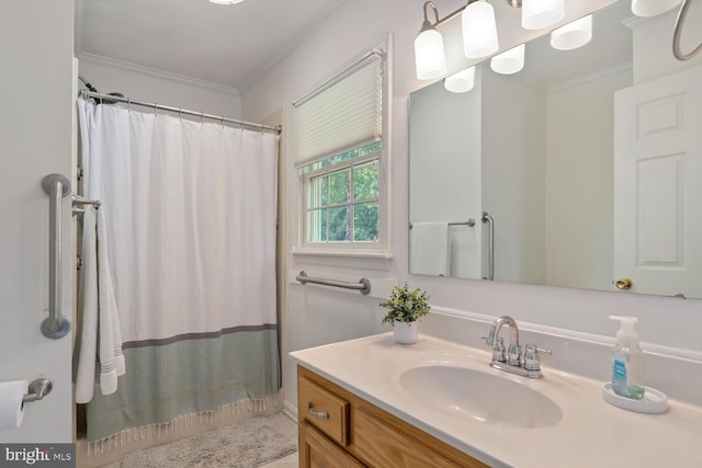 bathroom featuring curtained shower, crown molding, and vanity