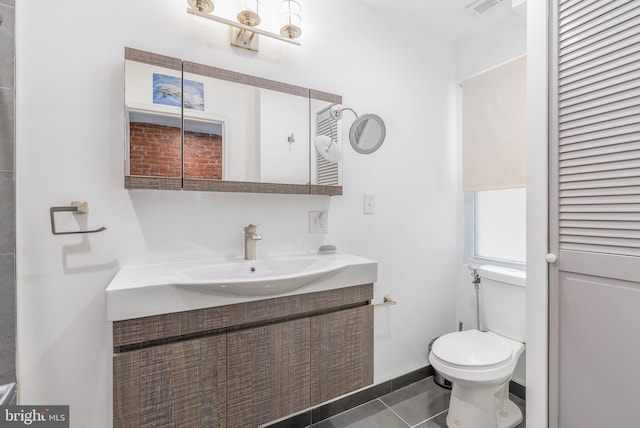 bathroom with visible vents, baseboards, toilet, tile patterned flooring, and vanity