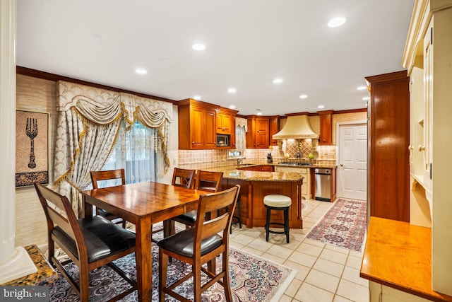 dining room featuring light tile patterned floors, ornamental molding, and recessed lighting