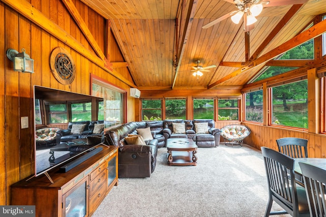 living area featuring carpet floors, wooden ceiling, wooden walls, and lofted ceiling with beams