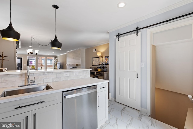 kitchen with marble finish floor, a sink, stainless steel dishwasher, a barn door, and crown molding