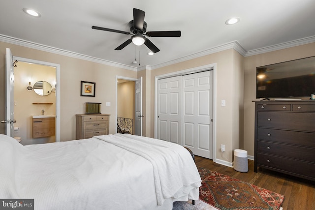 bedroom featuring recessed lighting, ornamental molding, baseboards, and dark wood-style flooring