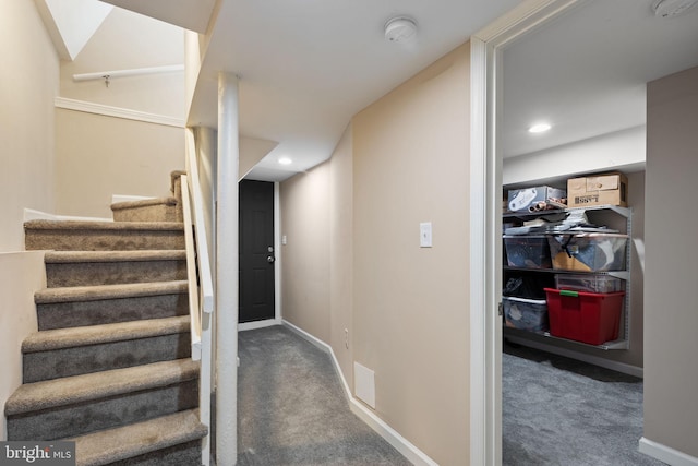 stairs with carpet flooring, recessed lighting, and baseboards