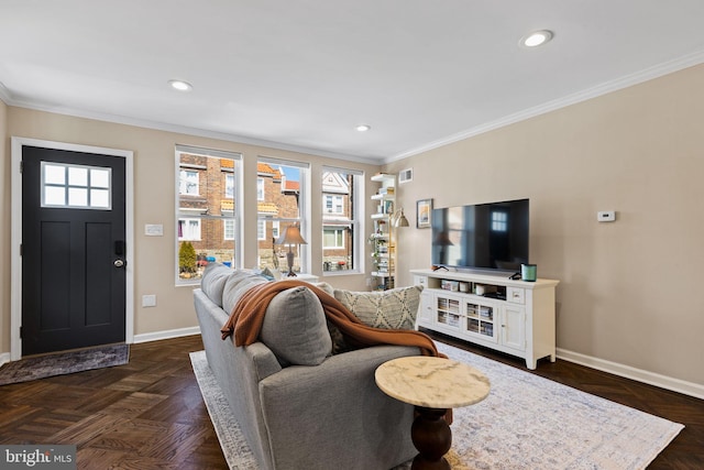 living room featuring recessed lighting, baseboards, and ornamental molding