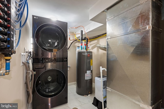 utilities featuring heating unit, stacked washer and dryer, and water heater