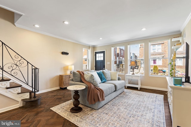 living area featuring recessed lighting, stairs, crown molding, and baseboards