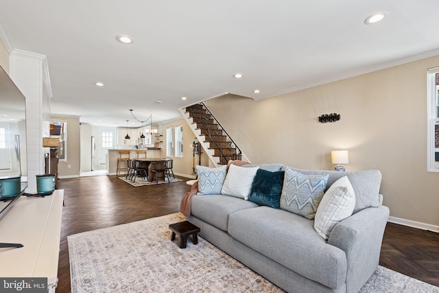 living room featuring recessed lighting, stairway, and baseboards