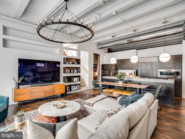 living area featuring stairs and dark wood-style flooring