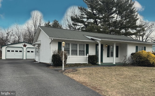 single story home with covered porch, a garage, a shingled roof, an outdoor structure, and a front lawn