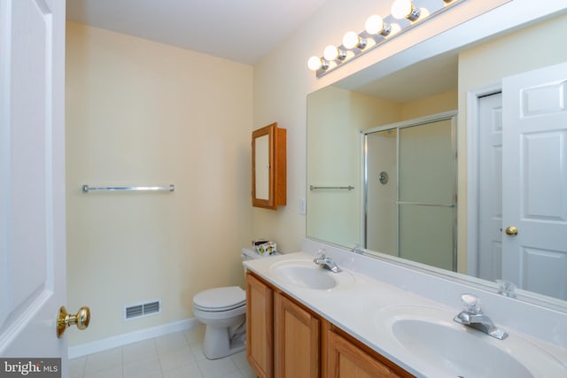 full bath with toilet, a sink, visible vents, and a shower stall